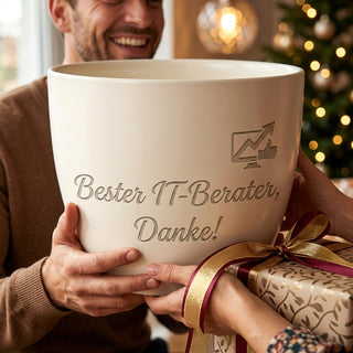 Personalisierter Blumentopf mit Gravur — Geschenk für IT-Berater Dankeschön — als persoenliche Geschenk-Uebergabe