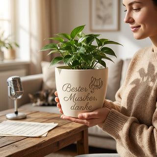 Personalisierter Blumentopf mit Gravur — Geschenk für Hobbymusiker — im Wohnambiente