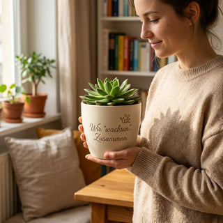 Personalisierter Blumentopf mit Gravur — Geschenk für WG-Partner & Mitbewohner — im Wohnambiente