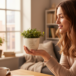 Personalisierter Blumentopf mit Gravur — Geschenk Autorin & Schriftstellerin — im Wohnambiente