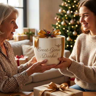 Personalisierter Blumentopf mit Gravur — Danke Geschenk Event Manager — als persoenliche Geschenk-Uebergabe