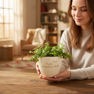 Personalisierter Blumentopf mit Gravur — Geschenk für Außendienst — im Wohnambiente