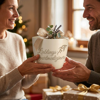 Personalisierter Blumentopf mit Gravur — Geschenk Sportmediziner Dankeschön — als persoenliche Geschenk-Uebergabe