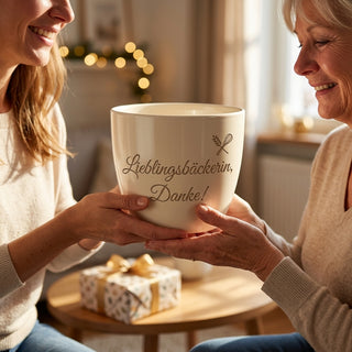 Persönliches Geschenk für die Bäckerin – Blumentopf mit Gravur Lieblingsbäckerin — als persoenliche Geschenk-Uebergabe