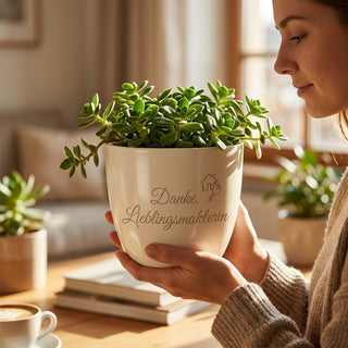 Personalisierter Blumentopf mit Gravur 'Danke, Lieblingsmaklerin' — Geschenk Immobilienmaklerin — im Wohnambiente