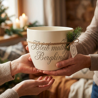 Personalisierter Blumentopf mit Gravur — Geschenk Snowboarder & Bergkind — als persoenliche Geschenk-Uebergabe