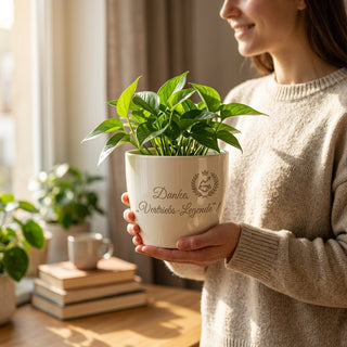 Personalisierter Blumentopf mit Gravur — Danke Geschenk Vertriebs-Legende — im Wohnambiente