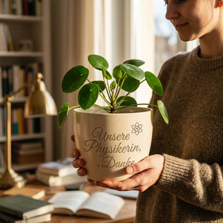 Personalisierter Blumentopf mit Gravur — Geschenk Physikerin Danke — im Wohnambiente