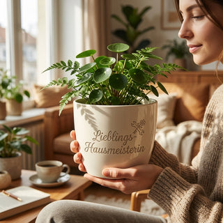 Personalisierter Blumentopf mit Gravur 'Lieblings-Hausmeisterin' — Geschenk für Hausmeisterin — im Wohnambiente