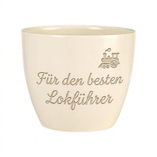 Personalisierter Blumentopf mit Gravur — Geschenk für Modelleisenbahner — Detailansicht der Lasergravur