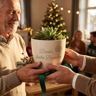 Personalisierter Blumentopf mit Gravur — Geschenk Beamter Abschied & Dank — als persoenliche Geschenk-Uebergabe