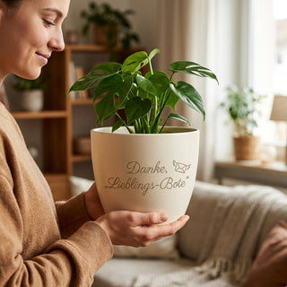 Personalisierter Blumentopf mit Gravur — Danke Geschenk für Paketboten — im Wohnambiente