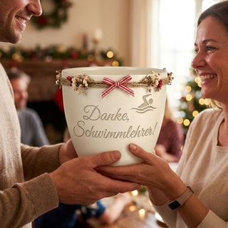 Personalisierter Blumentopf mit Gravur — Geschenk für Schwimmlehrer zum Dank — als persoenliche Geschenk-Uebergabe