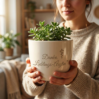 Personalisierter Blumentopf mit Gravur — Geschenk Ärztin Abschied & Dankeschön — im Wohnambiente