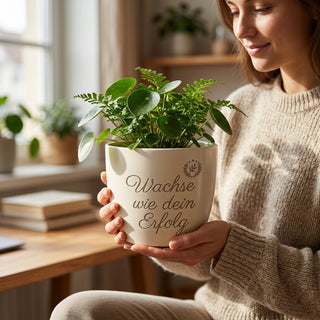 Personalisierter Blumentopf mit Gravur — Geschenk Wirtschaftsingenieur Examen — im Wohnambiente