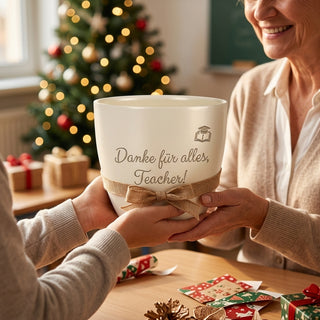 Personalisierter Blumentopf — Geschenk Englischlehrer Abschied Dankeschön — als persoenliche Geschenk-Uebergabe