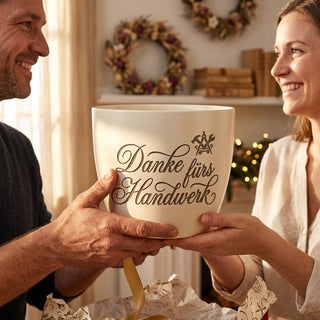 Personalisierter Blumentopf mit Gravur — Geschenk Metzgerin Abschied — als persoenliche Geschenk-Uebergabe