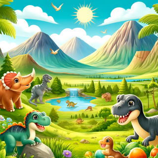 Freundliche Dinosaurier in sonniger Landschaft mit Vulkanen, Wasserfall und See. Traumreise Kinder: Abenteuer im Land der ...