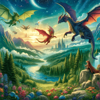 Freundliche Drachen fliegen über eine magische Landschaft mit Fluss, Schloss und bunter Blumenwiese. Traumreise für Kinder...