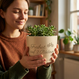 Personalisierter Blumentopf mit Gravur — Geschenk Motorradfahrerin Geburtstag — im Wohnambiente