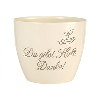 Personalisierter Blumentopf — Geschenk Orthopädietechniker — Detailansicht der Lasergravur