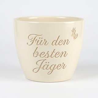 Personalisierter Blumentopf mit Gravur — Geschenk für Berufsjäger — Detailansicht der Lasergravur