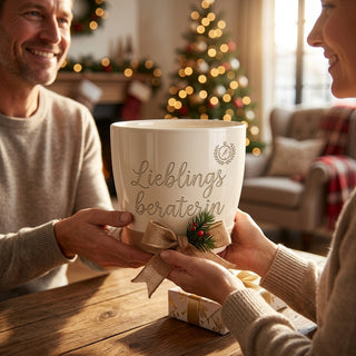 Personalisierter Blumentopf mit Gravur — Geschenk für Kundenberaterin — als persoenliche Geschenk-Uebergabe