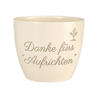 Personalisierter Blumentopf 'Danke fürs Aufrichten' — Geschenk Orthopäde — Detailansicht der Lasergravur