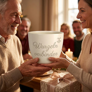 Personalisierter Blumentopf mit Gravur 'Wurzeln verbinden' — Geschenk Cousin — als persoenliche Geschenk-Uebergabe