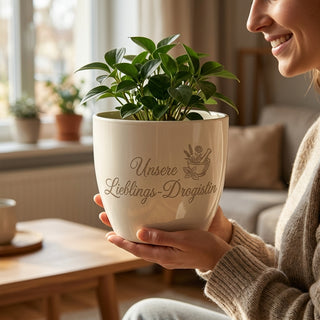 Personalisierter Blumentopf mit Gravur — Geschenk Drogistin Abschied — im Wohnambiente
