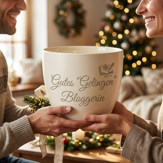 Personalisierter Blumentopf mit Gravur — Geschenk für Foodbloggerin — als persoenliche Geschenk-Uebergabe