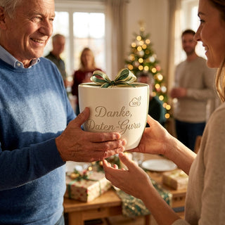 Persönliches Geschenk für Datenanalysten – Gravur: Danke, Daten-Guru — als persoenliche Geschenk-Uebergabe