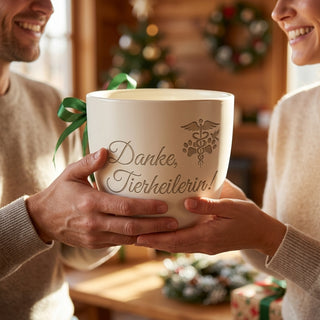 Personalisierter Blumentopf mit Gravur — Geschenk Tierheilpraktikerin Danke — als persoenliche Geschenk-Uebergabe