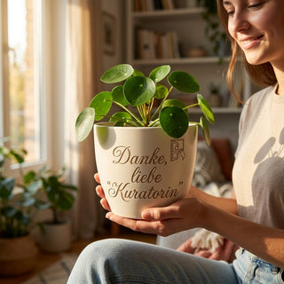 Personalisierter Blumentopf mit Gravur — Geschenk für Kuratorin — im Wohnambiente