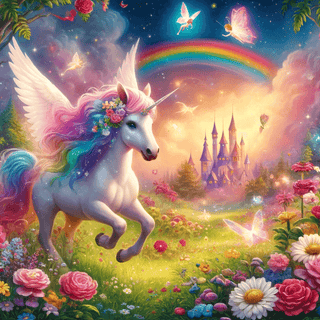 Geflügeltes Einhorn mit Blumenkranz auf bunter Blumenwiese vor Märchenschloss und Regenbogen. Traumreise ins Zauberland de...