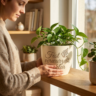 Personalisierter Blumentopf mit Gravur 'Fest verwurzelt, seeklar' — Geschenk Matrose — im Wohnambiente