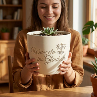 Persönliches Geschenk für Pastorinnen – Blumentopf mit Gravur 'Wurzeln im Glauben' — im Wohnambiente