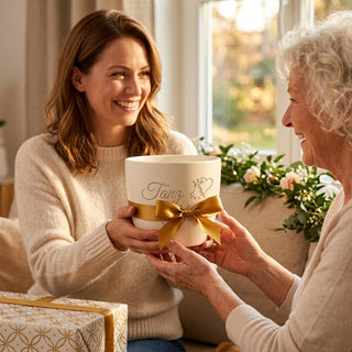 Personalisierter Blumentopf mit Gravur — Geschenk Balletttänzerin — als persoenliche Geschenk-Uebergabe