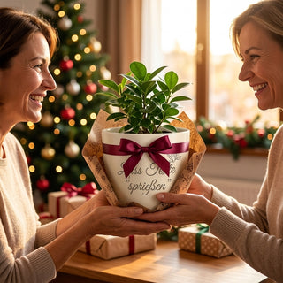Personalisierter Blumentopf — Geschenk Lektorin Abschied & Dankeschön — als persoenliche Geschenk-Uebergabe