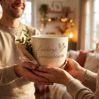Personalisierter Blumentopf mit Gravur — Geschenk Gemüsebauer — als persoenliche Geschenk-Uebergabe
