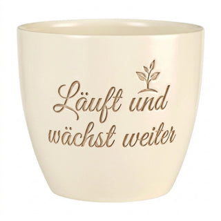 Personalisierter Blumentopf mit Gravur "Läuft und wächst weiter" — Geschenk IT-Techniker — Detailansicht der Lasergravur