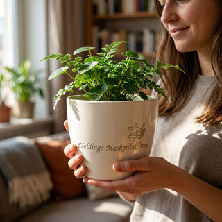 Blumentopf mit Gravur 'Lieblings-Maskenbildner' — Danke Geschenk — im Wohnambiente