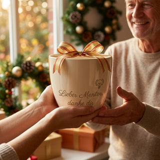 Personalisierter Blumentopf mit Gravur — Danke Geschenk für Mentor — als persoenliche Geschenk-Uebergabe