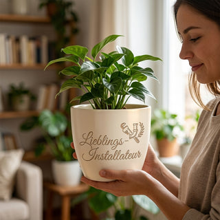 Personalisierter Blumentopf mit Gravur — Geschenk Installateur zur Pensionierung — im Wohnambiente