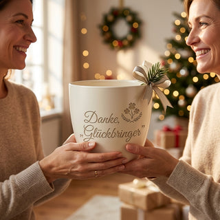 Personalisierter Blumentopf — Geschenk Schornsteinfeger Danke Glückbringer — als persoenliche Geschenk-Uebergabe