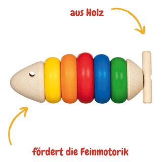 Goki Fädelfisch Felix aus Holz. Farbenfroher Fisch mit bunten Ringen zum Auffädeln, fördert Feinmotorik.