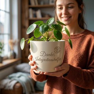 Personalisierter Blumentopf mit Gravur — Geschenk Integrationshelfer Danke — im Wohnambiente