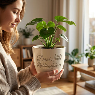 Personalisierter Blumentopf mit Gravur — Geschenk für Berufskraftfahrer — im Wohnambiente