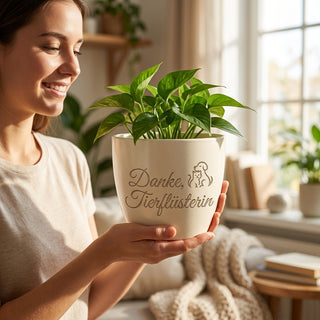 Personalisierter Blumentopf mit Gravur — Danke Geschenk für Tierfreunde — im Wohnambiente