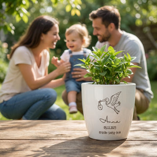 Personalisierter Hochglanz-Blumentopf – Babygeschenk mit Name & Geburtsdaten